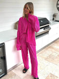 Pleated Fashion 2 Piece Women Wide Leg Trouses Suits And Drap Shirt Ladies Outfits 2yk Straight Long Pants Sets