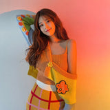 Korean Sweet Chic Women Knit Suits Vintage V Neck Flower Button Crop Cardigans and Tank Top 2 Pcs