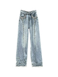 Women's Jeans Diamond Spliced High Waist Long Loose Straight Wide Leg Burrs Denim Pants 2024 Summer New Fashion 29L2711-Outfit
