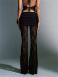 Sexy Women Summer Fashion Club Pants Black High Waist Mesh Sheer See Through Lace Floral Long Flared Pants Bottoms-Outfit