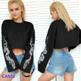 Women Long Sleeve Floral Printed O Neck Jumper Evening Party Club Wear Crop Top Printing Pullover Tops-Outfit