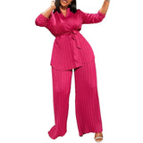 Women's Solid Color Pressure Folded Loose Long Sleeves Tying Shirt Trousers Two-Set