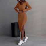 And Winter 2025 New Women's Pure Color Knitted Round Collar Collar Collar Long Sleeve Open Fork Dress Two Sets Of