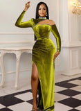 Formal Velvet Green Cut Out Beaded Long Evening