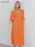 Elegant Women Cotton Midi Dress Green Robe V-Neck Puff Sleeve Wrap Dress Lady Dress Summer Loose Dress 2022