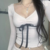 Cropped Top Pink Sweet Contrast Ribbons Lace-up Coquette Aesthetic Slim Folds V-neck Knitted T-shirts Fall Cute Tee-Outfit