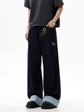 Sales Retro Washing Plaid Splicing Crimped Dark Men's And Women's Jeans Straight Sweep Long Trousers-Outfit