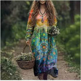 Printed Summer Long-Sleeved Dress Art Retro
