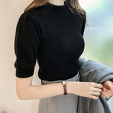Turtleneck Knitted Summer Tops Woman Simple Slim Short Puff Sleeve Shirts Soft Solid Spring Shirt Tees Female Chic