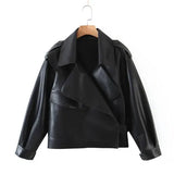 VAREY LIN New Spring Autumn Women Biker Jacket Faux Leather Jacket Biker Turndown Collar PU Jacket Loose Streetwear