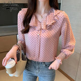 Blouses Autumn Tops Office Ladies Chiffon Blouse Long Sleeve Bow Elegant Blusas Mujer De Moda 2021 Red Tops 6179