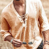 Halloween Costume Hippie Linen Shirt Casual Middle Sleeve V Neck Summer Loose Tee Tops Solid Color T Shirts 2021