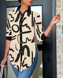 Casual Shirt Women Turn Down Collar Print Long Sleeve Shirts Loose Casual Split Blouse Button Tops Office Ladies-Outfit