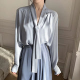 femininity simple versatile shirt Fashionable femininity simple versatile bowknot long-sleeved loose dress