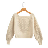New Square Collar Long-Sleeved Twist Textured Short Sweater In Autumn-Outfit