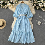 Women Embroidary Gentle Summer Dress V Neck Sashes Hollow Out Casual Vacation Short Sleeves Ladies Long A Line
