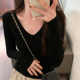 V-Collar Solid Color Long-Sleeved Woolen Blouse A New Style Slim And Slim Sweater In Autumn And Winter-Outfit
