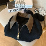 Sleeve Solid Women Turn Down Collar Loose Casual Knitted Coats Zipper Autumn Winter 2023 Regular Splice Sweaters Cardigan-Outfit