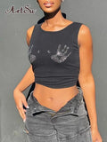 Sleeveless Cropped Camis Rhinestones Harajuku Fashion Gothic Tank Top Slim Streetwear Hip Hop Vest