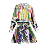 Women Chic Fashion With Belt Chain Print Mini Dress Vintage Long Sleeve Button-up Female Dresses Vestidos