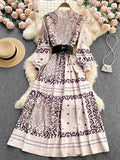 Runway Women Elegant Slim Long Dress Female Stand Collar Puff Sleeve Retro Floral Print Runway Dress Vestidos