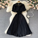 Summer Vintage Women Pleated Dress Red/Pink/Brown Turn-Down Collar Short Sleeve High Waist Casual Draped A-Line Vestido New