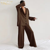 Causal Loose Home Suit Autumn Long Sleeve Shirts With High Wasit Pants Set Women Elegant Black Satin 2 Piece Pants