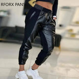 Women Casual High Waist Elastic Waist Drawstring PU Leather Patchwork Pencil Pants-Outfit