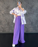 Sets Loose Long Sleeve Printed Shirt Two Piece Set Women Elegant Lapel Top Suits Female Split End Wide Leg Pants Outfits-Outfit