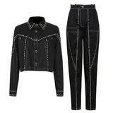 White Patchwork Casual Two Piece Set For Women Lapel Long Sleeve Coat Full Length Pants Female Solid Suits 2022