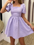 Party Lavender Bandage Backless Dress Chic Puff Sleeves Jacquard Flare Dress Elegant Lady Clubwear Summer Mini