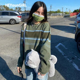 Korean Fashion Striped Casual Oversized Sweater Y2K Green Knitted Jumper Knitwear Long Sleeve Pullover Top