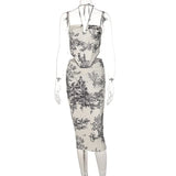 Toloer Vintage Style Slim Print Skirt Two-Piece Fashion Suit