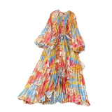 Quality Light Extravagant Lantern Long Sleeved Round Collar Waist Slim Single Breasted Printed Dress Elegant Long Skirt-Outfit