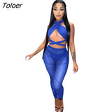 Womens Outfits Suit Women Set Mesh Sleeveless Crop Top Pants Sets Woman Tracksuit Cross Halter Party Club Clothes
