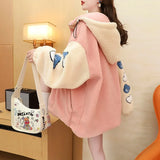 Wool Oversize Hoodie Women'S Cute Bear Embroidered Patchwork Long Sleeve Loose Cardigan Harajuku Japanese College