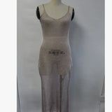 Sexy Summer Sunscreen Sheer Mesh Bikini Solid Color Backless High Slit Cover Up Metallic Beach Club Party Sleeveless