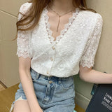 Women Tops and Blouse Korean V-neck New Lace Shirts Stitching Women Short-sleeved Lace Hollow Out Top Female Blusa