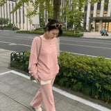New Casual 2 Pieces Knitted Set Long Sleeve Patchwork Sweater Long Trousers Autumn Winter Female Wide Leg Pants