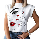 Summer Women Sleeveless Mandarin Collar Printed Pullover T-Shirt 2021 Sexy Club Street Casaul Homewear T-Shirt