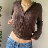 Vintage Brown Solid Hooded Y2K Sweaters Women Autumn Winter Lantern Sleeve Zip Up Jacket Cardigan Knitted Hoodies