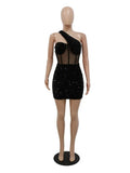 Fall Solid Sequins Short Dress Club Outfits For Women 2023 One Shoulder Party Mini Dresses Asymmetric Women