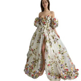 Spring And Summer New Women's Dress A Word Shoulder Open Fork Embroidery Temperament Mesh