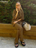 Causal Loose Trouser Suits Autumn Short Sleeve Blouse With High Wasit Pants Set Women Elegant Brown 2 Piece Pants