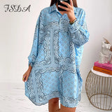 2021 Autumn V Neck Shirt Dress Women Long Sleeve Print Blue Loose Beach Sexy Green Party Casual