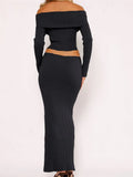 Women 2 Pieces Outfits Slash Neck Off Shoulder Long Sleeve Ribbed Knitted T-shirts Tops Long Skirts Streetwear 2023-Outfit