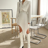 Casual White Two Piece Set For Women Notched Long Sleeve Blazer High Waist Irregular Hem Skirt Female Korean