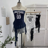 Shooting Retro Letter Print Bump Color Palette Vest Body Splicing Mesh Yarn With Hottie Top