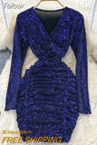 Sequins Glitter Bodycon Mini Dress Women Fashion Ruched Party Dress V-neck Long Sleeve High Waist Autumn Club Dress