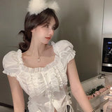 Vintage Kawaii Blouses Women Puff Sleeve Shirring White Shirt for Girl Summer Korean Fashion Preppy Style Sexy Crop